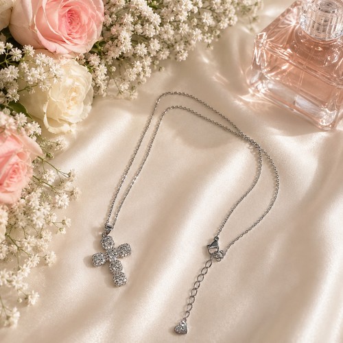 Silver diamante cross - , necklace
