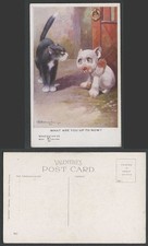BONZO DOG G.E. Studdy Old Postcard Puppy & Black Cat What Are You Up To Now? 967
