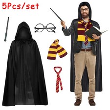 5Pcs/Set Adult Halloween Harry Potter Costume Hooded Cape Scarf Tie Wand Glasses