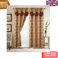 Elegant Jacquard Panel Set with Waterfall Valance, 54 x 84 Inches - Gold/Brown