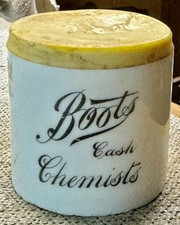 Very Unusual 1920’s Embossed Pot or Crock - BOOTS CASH CHEMIST + Lid (K361)