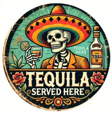 Tequila Sign Round Metal Wall Art - Skull & Sombrero, Vintage Decor - Waterproof
