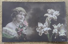 Beautiful Glamour Woman Bouquet Flowers, Tinted Real Photo RP French Postcard