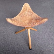 Vintage Leather Seat Folding Wood Tripod Camping Saddle Stool Chair Road Runner 