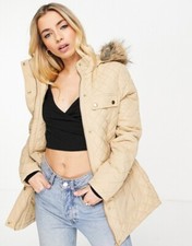 BRAVE SOUL Womens Stone Quilted Parka Coat Faux Fur Hood UK 12 NEW