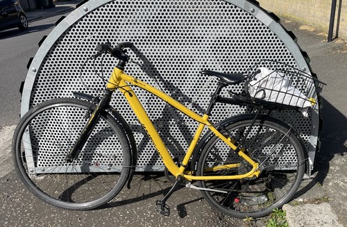 Yellow orbea hybrid - bike,, flat