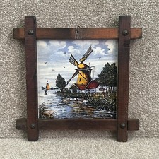 Framed Delft Tile - Windmill Scene - Hand Painted - Wood Frame - Vintage