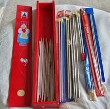 WOODEN knitting Needle Box Red Sliding Lid With Assorted Needles 17" Long VTG 