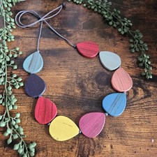 Adjustable Length Cord Multicoloured Wooden Flat Teardrop Necklace Bohemian