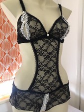 Ann Summers BLACK Lace & Pearl Peephole Crotchless Body, Size M, UK12-14, BNWT