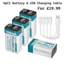 9v Battery USB Rechargeable  6f22 PP3 Block 9volt Li-ion MN1604 & Charging Cable