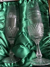 2 Galway Crystal Claddagh Ring Fluted Glasses boxed new ,unwanted gift years ago