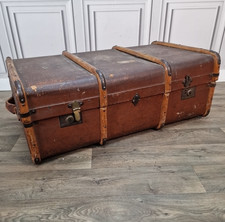 Antique Vintage Wood Banded Steamer Trunk Strapwork Canvas Travel Chest Storage