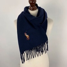Vintage Polo Ralph Lauren Scarf Navy Blue Big Pony Colour Pony Fringe One Size
