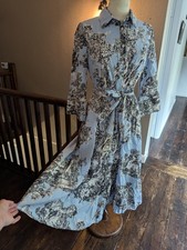 Zara Pretty Light Blue Cotton Midi Belted Shirt Dress Toile De Jouy Print Medium