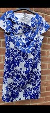 Berkertex Ladies Blue & White Polyester Dress, Diamond Bow, UK16 EU44 US12 VGC 
