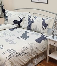 HIGHLAND STAG GREY BEDDING CURTAINS MOUNTAIN PLAID TARTAN WOODLAND BLUE NAVY