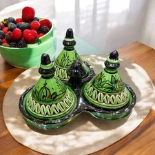 Set of 3 Handmade Moroccan Pottery Tagines for Spices and Sauces, dark green 