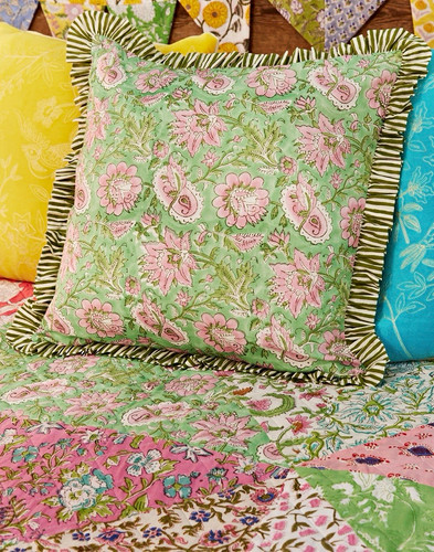 Block print cushion green - print,