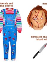 Kids Boys Chucky Doll Costume, Blue Dungaree Jumpsuit Striped Top Outfit
