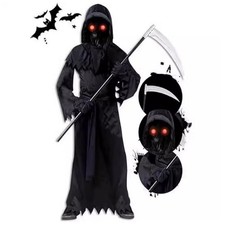 Grim Reaper Outfits Costume with Glowing Red Eye and Scythe for Kids Halloween