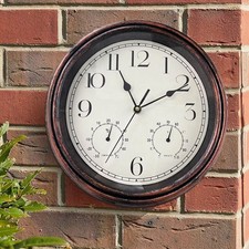 Garden Station Wall Clock with Thermometer Indoor Outdoor Arabic 30cm Brown
