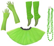Neon UV Tutu Set Skirt Gloves Leg Warmers Beads Womens 80s Fancy Dress Costume