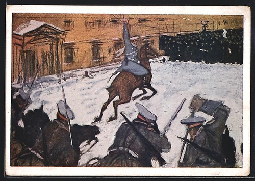 Artist postcard soldier rides