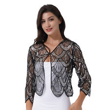 Women Shiny Sequins Evening Cape Long Sleeve Party Bolero Shrug Cardigan Jacket