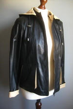 VINTAGE LEATHER JACKET HOOD 10 bomber biker mod two tone black white quality LLD