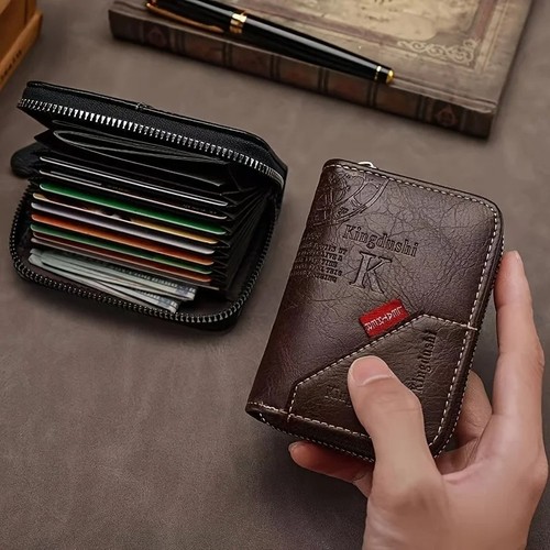 Leather slim wallet zipper - leather,