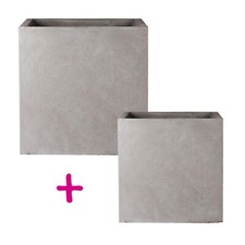 Set of 2 Square Garden Planters IDEALIST Concrete Outdoor Pots with Drainage