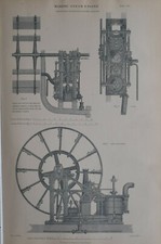 1877 PRINT MARINE STEAM ENGINE ROBERT NAPIER SIDE ELEVATION CROSS SECTION