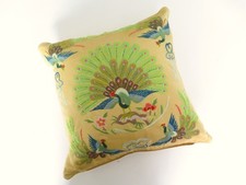 Vintage 1990s Embroidered Yellow Silk Peacock Chinese Decorative Cushion