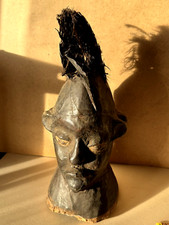 African Janus Tribal Ekoi Headdress Statue Feathers Great carving and patina.