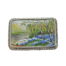 TLM Sterling Silver Mounted Painting Spring Woodland Brooch Antique c1920
