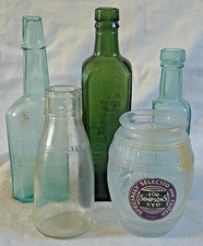 5 x Vintage Bottles Green Sheildhall Coffee Chicory Small Clover Milk Barrel