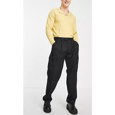 TOPMAN Men's Wide Leg Cargo Pants 34x32 Black Wool Blend High Rise Pockets NWT