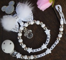 Set of two Personalised dummy clip and a Pram charm white 