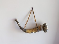 Antique C 19th 12" Hunting Horn with Silver Plated Mounts.Wall Hanging. 