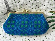VINTAGE blue and green Welsh blanket wool covered purse geometric pattern