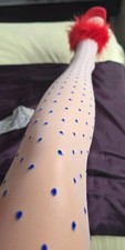 Stockings White With  Polka Blue Dots  Worn M/L