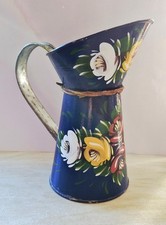 Vintage Canal Wear Barge Metal Jug Hand Painted Decorative, Blue and Flowers