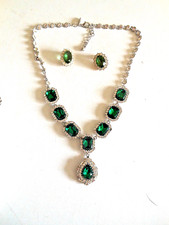 ABSOLUTE QUALITY SYNTHETIC EMERALD & DIAMOND NECKLACE + CLIP-ON EARRINGS