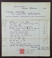 1909 John Brown Joiner & Builder Grisdale Bridge Patterdale Invoice