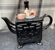 Vintage 1989 Black Ceramic Aga Stove Shaped Teapot