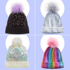 Kids Girls Winter Hat Chunky Head Cover Pom Pom Black Rainbow Sequin 2-13 Years