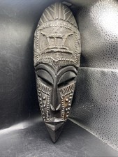 Vintage African Wall Mask Handcrafted w/Aluminum Accents Dark Stained Wood