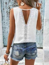 Ladies Elegant White Sleeveless Guipure Lace Top Open V-Neck Back  Summer Top