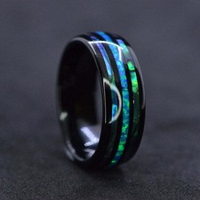 MENS STAINLESS STEEL 8MM BLACK ABALONE & BLUE OPAL EFFECT BAND RING SIZE R